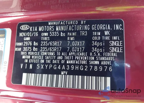 2017 Kia Sorento 2.4L Lx from USA, damaged, VIN 5XYPG4A39HG278976